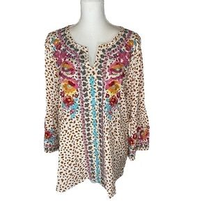Savanna Jane Leopard Embroidered Top Cream Camel Medium